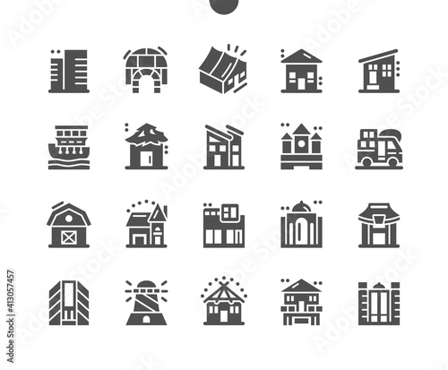 House types. Modern house. Business, commercial building. Real estate. Vector Solid Icons. Simple Pictogram