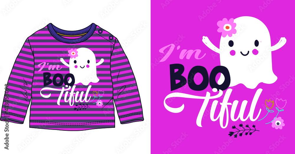 Design for children. Vector illustration. Halloween cute sweet ghost t shirt design for girls kids.