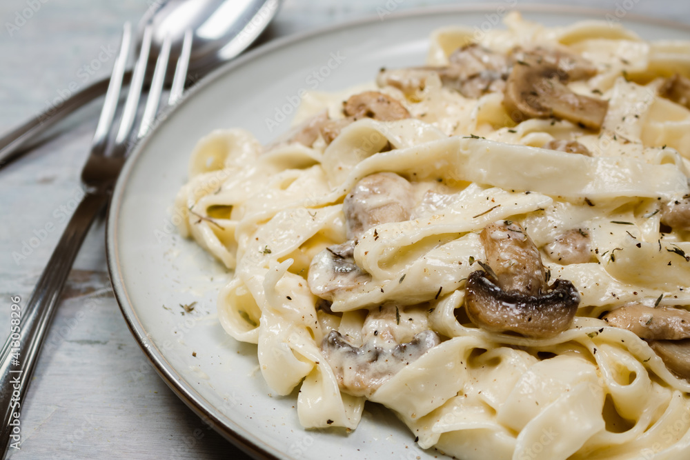 Fancy organic fetuccine pasta with creamy alfredo mushroom sauce