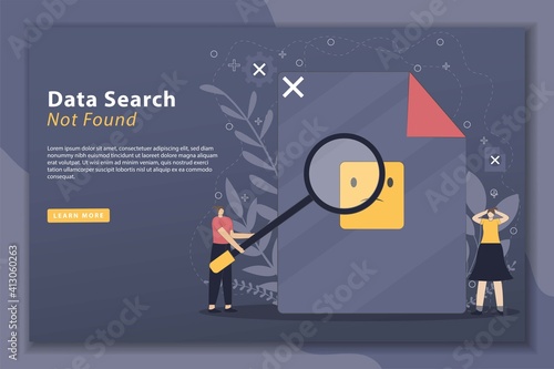 Data search not found illustration concept landing page with tiny people character. Contains such icons as Looking For, Search, Not Found. Good for websites, landing page, posters, and banner
