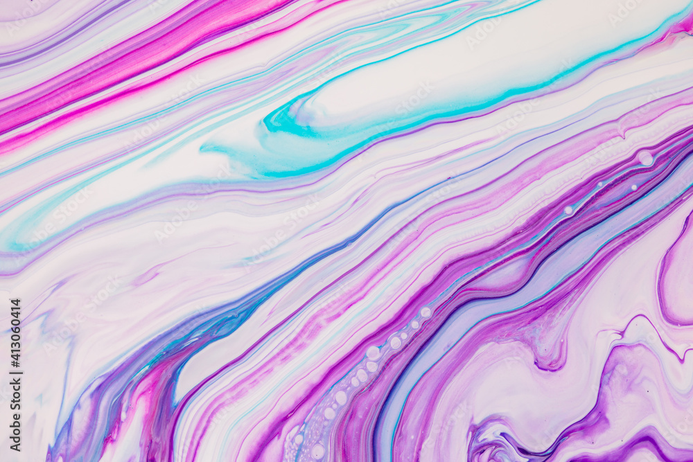 Fluid art texture. Background with abstract iridescent paint effect. Liquid acrylic picture with beautiful mixed paints. Can be used for interior poster. Purple, pink and white overflowing colors