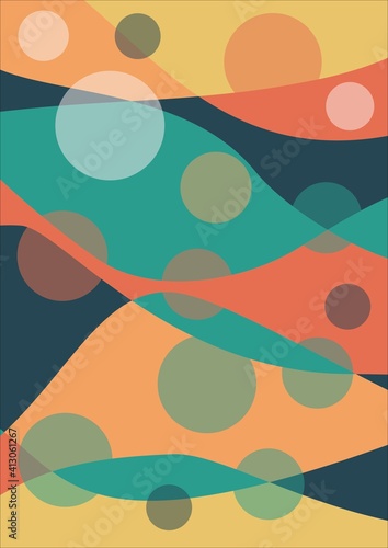 bedsheet design overlapping waves in warm colors red, red, orange, supplemented with green and blue, surreal design using 2d primitives.Vector concept