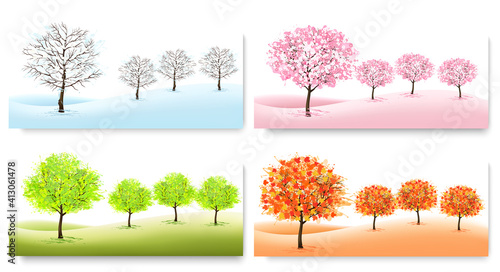 Four Nature Backgrounds with stylized trees representing different seasons. Vector.