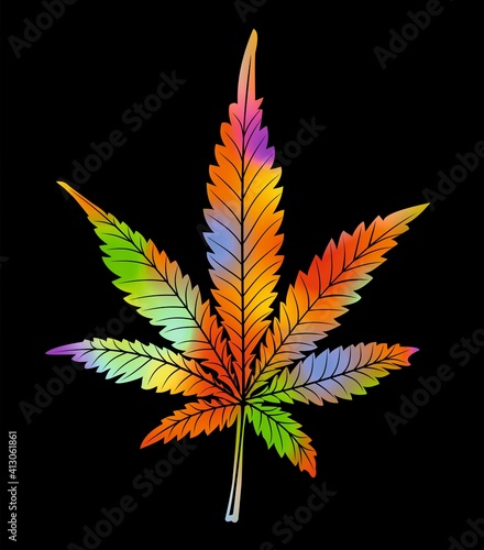 Psychedelic-colored leaf of cannabis on a black background. Vivid rainbow colors in randomly distributed splashes, marihuana, vector design