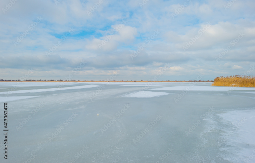 Snowy edge of a white frozen lake in wetland in winter, Almere, Flevoland, The Netherlands, February 10, 2020 Snowy edge of a white frozen lake in wetland in winter, Almere, Flevoland, The Netherlands, February 10, 2020
