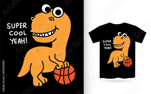 Hand drawn dino playing basketball illustration for t shirt print