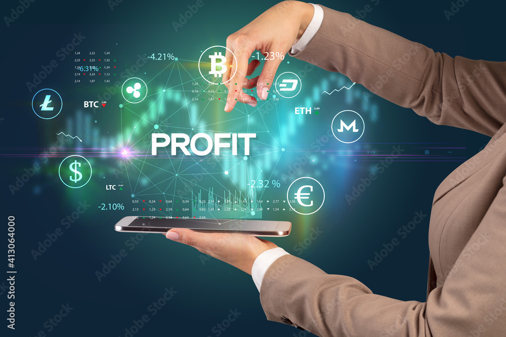 Close-up of a touchscreen with PROFIT inscription, business opportunity concept Close-up of a touchscreen with PROFIT inscription, business opportunity concept