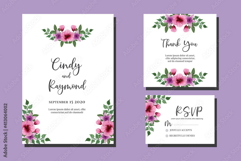 Naklejka Wedding invitation frame set, floral watercolor hand drawn Hollyhock Flower design Invitation Card Template