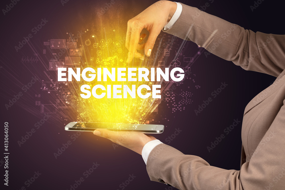 Close-up of a touchscreen with ENGINEERING SCIENCE inscription, innovative technology concept