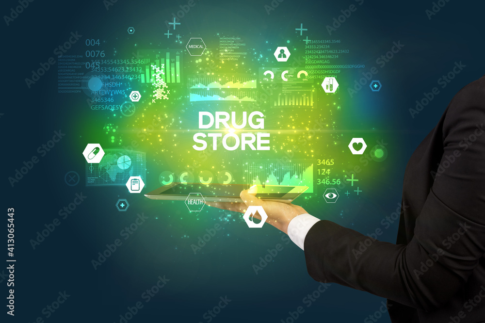 Close-up of a touchscreen with DRUG STORE inscription, medical concept Close-up of a touchscreen with DRUG STORE inscription, medical concept