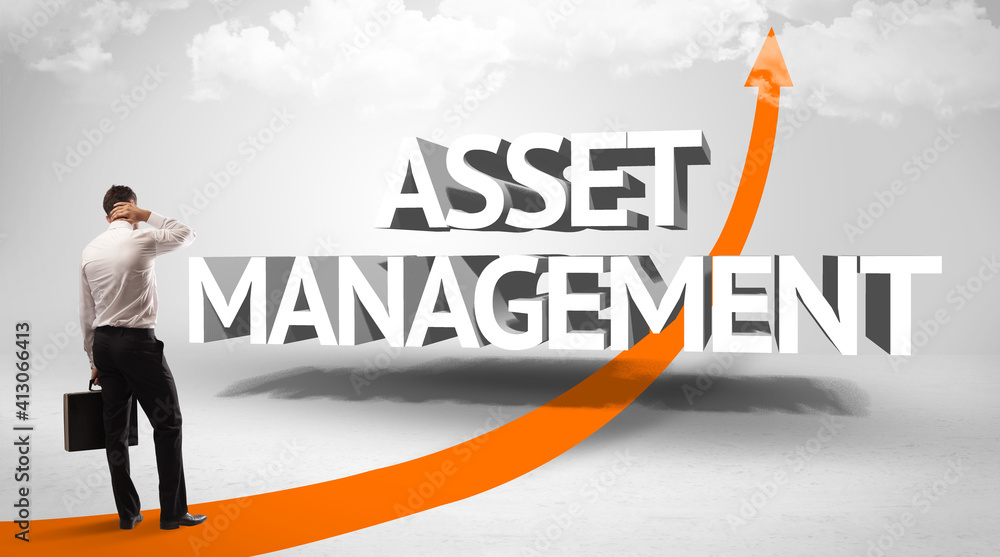 Rear view of a businessman standing in front of ASSET MANAGEMENT inscription, successful business concept Rear view of a businessman standing in front of ASSET MANAGEMENT inscription, successful business concept
