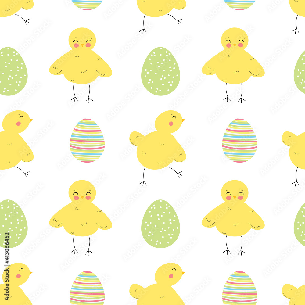 Spring pattern with little chickens and Easter colorful eggs. Vector endless ornament. Spring pattern with little chickens and Easter colorful eggs. Vector endless ornament.