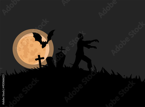 Black silhouette of zombie walking on cemetery vector flat illustration. Creepy nightmare landscape with evil walking dead man, undead monster, and gravestone. Halloween background.