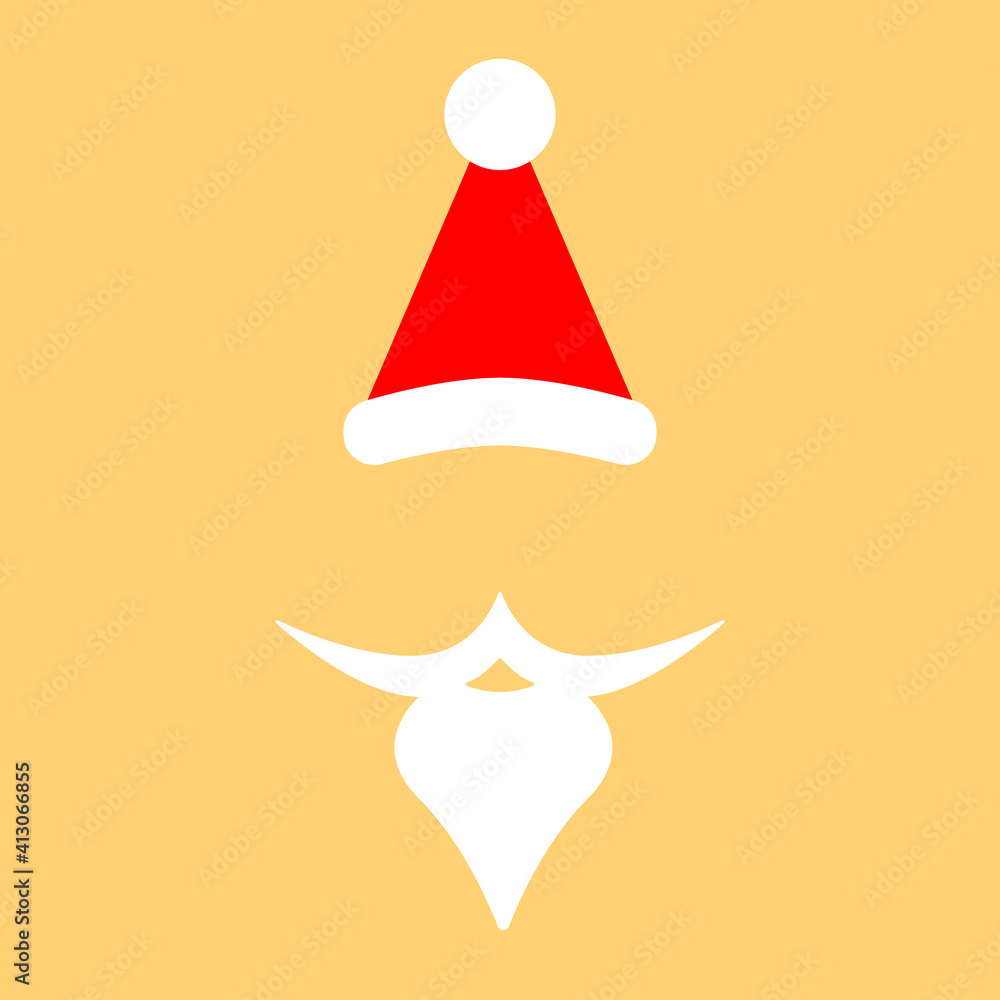 Red Cap with white pompon of Santa Claus and white mustache with a beard isolated on yellow background. Greeteng card with Santa Claus hat, flat style,icon. Red Cap with white pompon of Santa Claus and white mustache with a beard isolated on yellow background. Greeteng card with Santa Claus hat, flat style,icon.