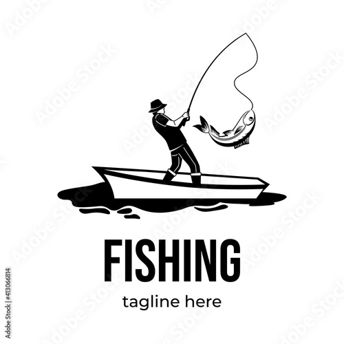 Fishing logotype template isolated on white background with text space. Male silhouette catching fish with fishing rod from boat vector logo design. Fishing sport, summer relaxing hobby.