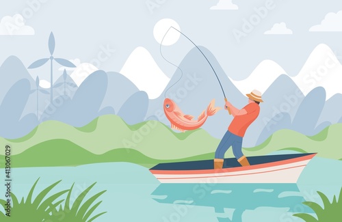 Fisherman with fishing rod standing in boat and catching big pink fish from lake vector flat illustration. Summer fishing vacation, relaxation on nature, man doing fishing sport concept.