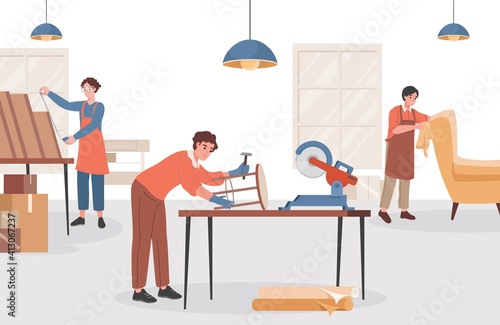 Group of carpenters at wooden workshop making furniture vector flat illustration. Foremen doing woodwork  nailing chair  cleaning armchair  measuring wooden boards. Repair or construction furniture.