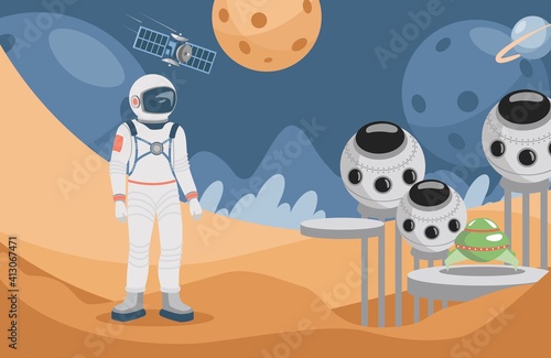 Space explorer in spacesuit standing on planet surface and looking at spaceships vector flat illustration. Astronaut walking on mars. Red planet colonization or exploration mission.