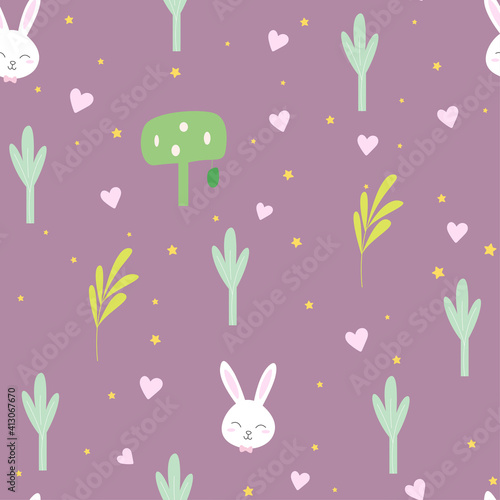 Easter seamless pattern with cute bunnies and trees