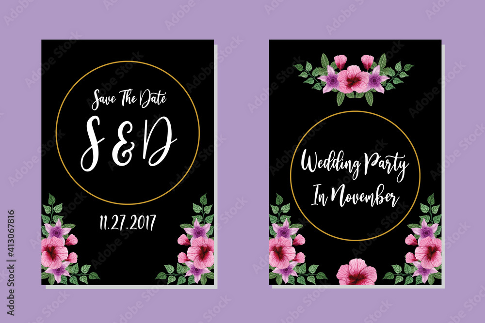 Naklejka premium Wedding invitation frame set, floral watercolor hand drawn Hollyhock Flower design Invitation Card Template