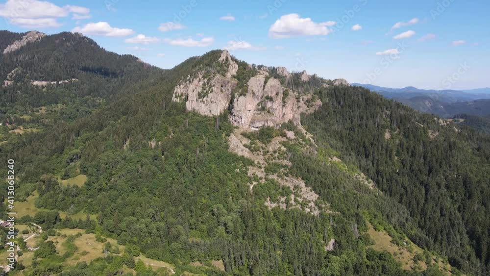 Aerial view the Red rock at Rhodope Mountains, Smolyan Region, Bulgaria Aerial view the Red rock at Rhodope Mountains, Smolyan Region, Bulgaria