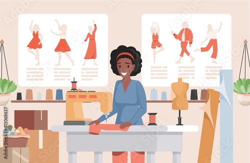 Woman working at sewing machine in the atelier or fashion sew studio vector flat illustration. Smiling tailor or dressmaker making dress. Sewing workshop interior, sewing hobby concept.
