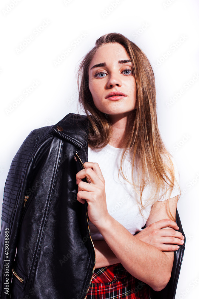 young pretty stylish hipster girl in leather jacket and school shirt posing emotional isolated on white background happy smiling cool smile, lifestyle people concept young pretty stylish hipster girl in leather jacket and school shirt posing emotional isolated on white background happy smiling cool smile, lifestyle people concept