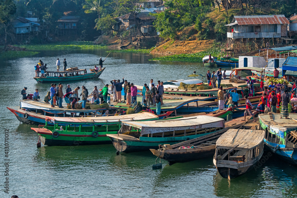Fishing boats on Kaptai Lake, Rangamati, Chittagong Division, Bangladesh