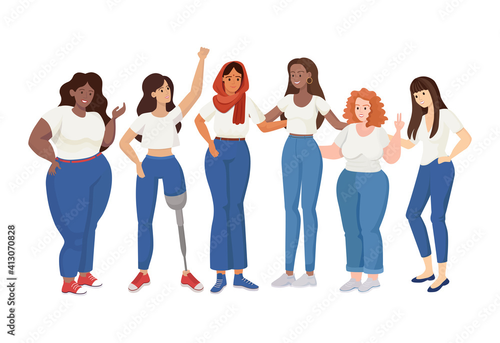 Group of standing women of different sizes and races vector flat illustration. Skinny and curvy women, woman with prosthesis. Girl power, International Woman Day, Feminism, body positive concept.