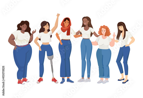 Group of standing women of different sizes and races vector flat illustration. Skinny and curvy women, woman with prosthesis. Girl power, International Woman Day, Feminism, body positive concept.