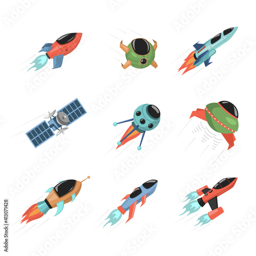 Set of different spaceships and satellites isolated on white background. Spacecrafts exploring cosmos vector flat illustration. Modern space rockets, space traveling concept.