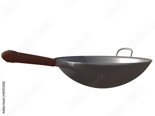 3D RENDER ILLUSTRATION. CLIPPING PATH Frying pan on isolated white background. Kitchenware cooking steel.