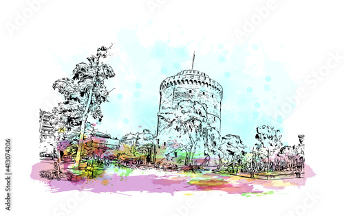 Building view with landmark of Thessaloniki is the city in Greece. Watercolour splash with hand drawn sketch illustration in vector.