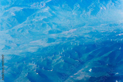 Aerial view of windmills in the mountain, Gansu Province, China © Danita Delimont