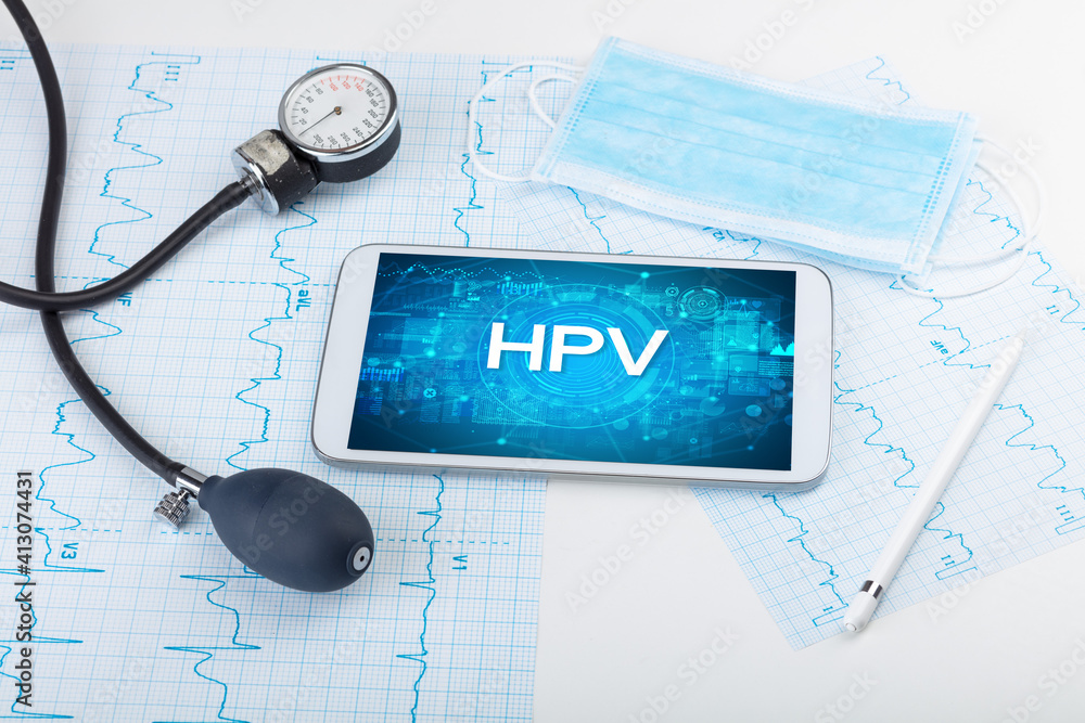 Close-up view of a tablet pc with HPV abbreviation, medical concept Close-up view of a tablet pc with HPV abbreviation, medical concept
