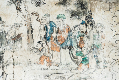 Mural telling the story of Journey to the West, Xuanzang and his followers, Dafo (Great Buddha) Temple, Zhangye, Gansu Province, China
