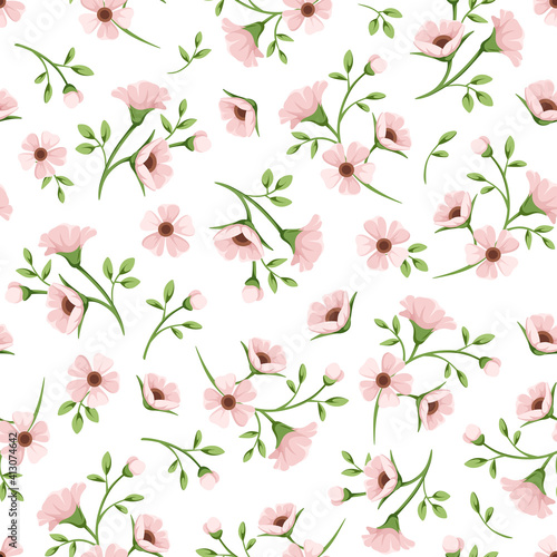 Vector seamless spring floral pattern with small pink flowers on a white background.