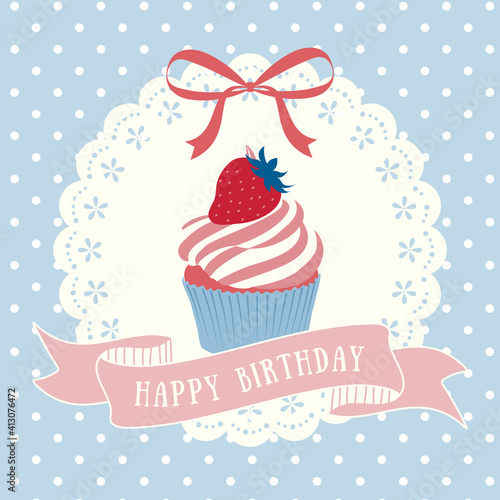 vector background with a strawberry cupcake for banners, cards, flyers, social media wallpapers, etc.