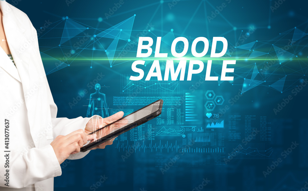 doctor writes notes on the clipboard with BLOOD SAMPLE inscription, medical diagnosis concept doctor writes notes on the clipboard with BLOOD SAMPLE inscription, medical diagnosis concept