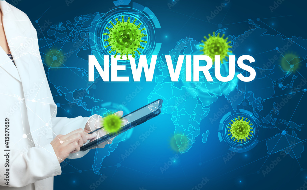Doctor fills out medical record with NEW VIRUS inscription, virology concept Doctor fills out medical record with NEW VIRUS inscription, virology concept