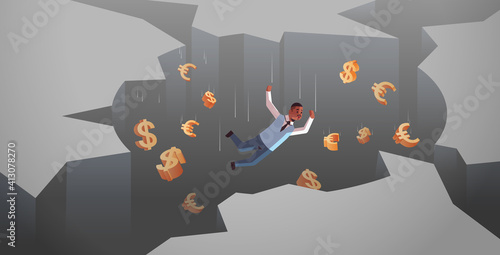 african american businessman with dollar euro signs falling down in hole abyss financial crisis bankruptcy concept horizontal full length vector illustration