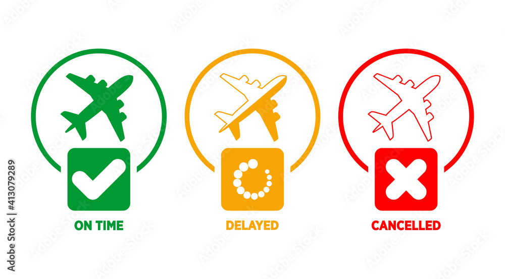 Fototapeta premium Information about the status of the flight at the airport. The plane from the point of departure arrives on time, is delayed, canceled. Vector on transparent background