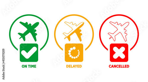 Information about the status of the flight at the airport. The plane from the point of departure arrives on time, is delayed, canceled. Vector on transparent background