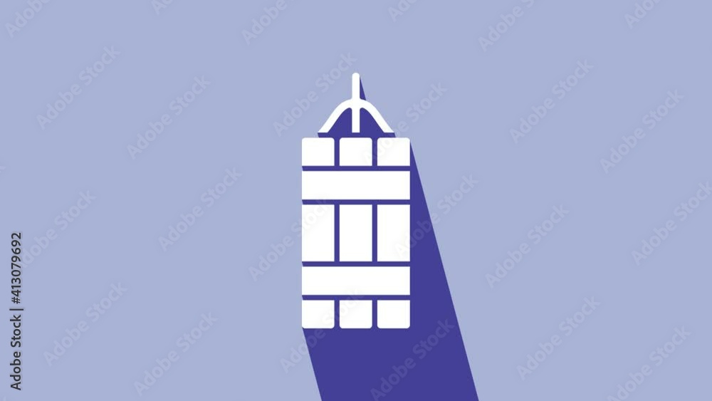 White Detonate dynamite bomb stick icon isolated on purple background. Time bomb - explosion danger concept. 4K Video motion graphic animation White Detonate dynamite bomb stick icon isolated on purple background. Time bomb - explosion danger concept. 4K Video motion graphic animation
