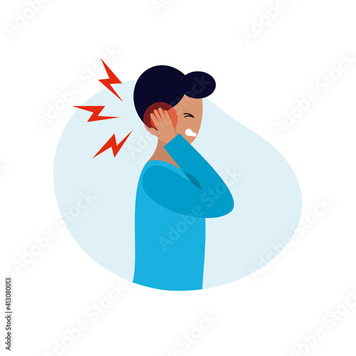 The man has an earache. Otitis media in the ear. Symptoms of hearing aid diseases. Vector character in a flat style.