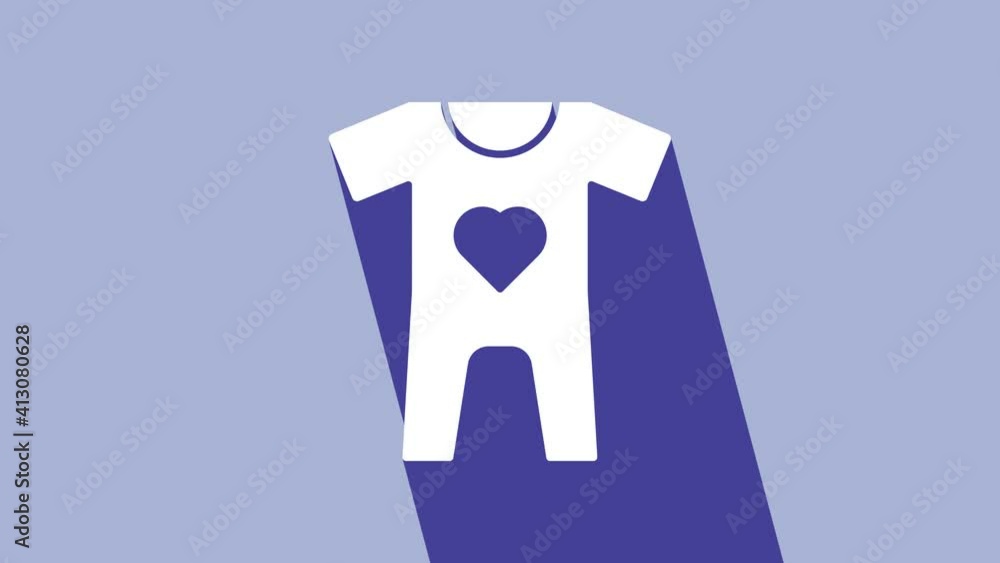 White Baby clothes icon isolated on purple background. Baby clothing for baby girl and boy. Baby bodysuit. 4K Video motion graphic animation White Baby clothes icon isolated on purple background. Baby clothing for baby girl and boy. Baby bodysuit. 4K Video motion graphic animation