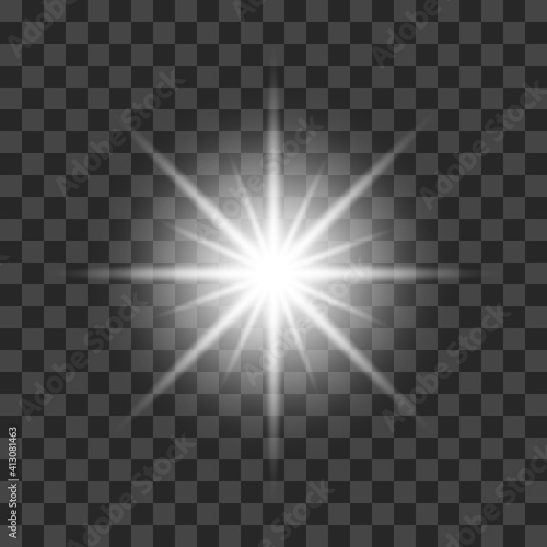 White beautiful light explodes with a transparent explosion. Vector, bright illustration for perfect effect with sparkles. Bright Star. Transparent shine of the gloss gradient, bright flash.