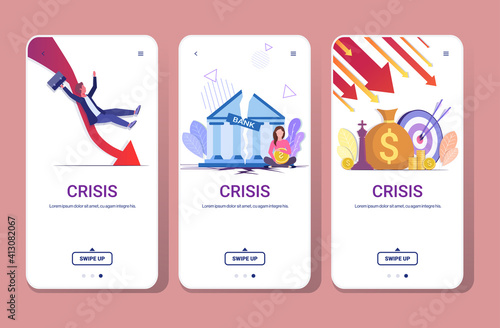 set falling arrows decrease economy stretching rising drop financial crisis failure budget collapse downward graph smartphone screens collection horizontal full length vector illustration