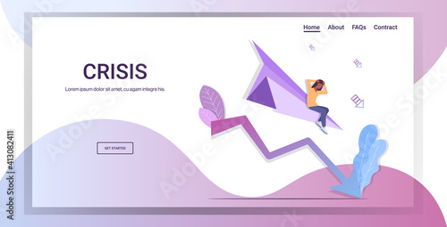 businesswoman flying down on paper airplane startup failure crash project financial crisis bankruptcy business falling concept downward chart graph horizontal copy space full length vector