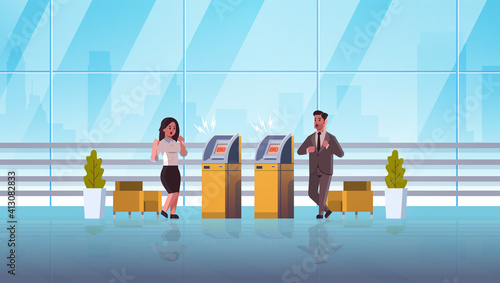 sad man woman customers near ATM machine with no money error notification financial crisis transaction denied locked bank credit card bad servise at bank concept horizontal full length vector